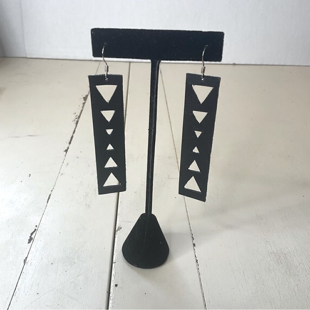 LEATHER Earrings Handmade Rectangle Black Triangle Cutouts